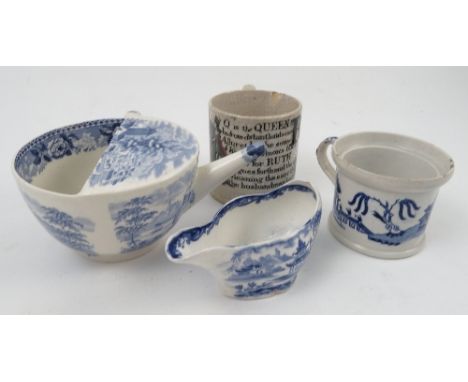 A 19th century Wedgwood feeding cup, printed in blue and white with figures in landscape and ships, af, together with a 19th 