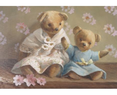 Deborah Jones, oil on canvas, two seated teddy bears with flowers, 11ins x 15ins 