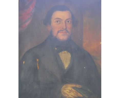 An oil on canvas, portrait of a gentleman in period dress, af, 27ins x 22ins, in a maple frame