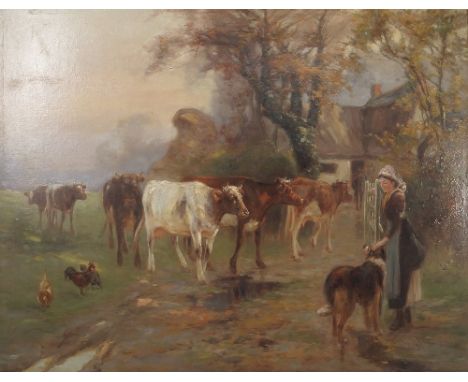 C Wyle Patterson? oil on canvas, rural scene with girl and dog opening a gate for cattle and chickens, 27ins x 35ins