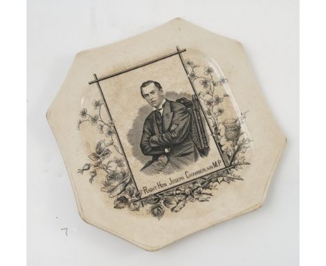 A 19th century English porcelain octagonal plate, printed with a portrait of Right Hon Joseph Chamberlain MP, af Condition re