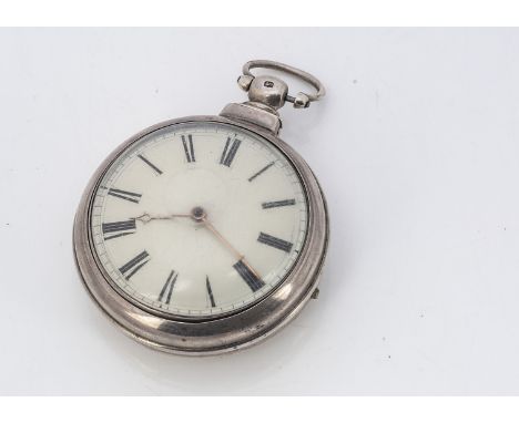 A late Georgian silver pair cased pocket watch, 57mm, with cream enamel dial, AF