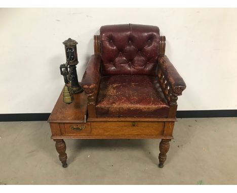 An interesting Victorian oak Jockey Scales chair by Avery, 85cm wide, with nice transfer print balance scale column marked W 