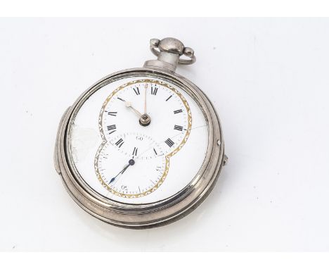 A late George III silver pair cased Doctor's style pocket watch, 60mm, AF, white enamel dial with subsidiary seconds dial, cr