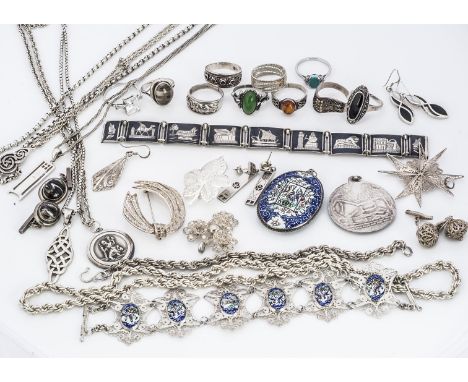 A collection of silver jewellery, including earrings, necklaces, enamel Persian pendant, Maltese cross and other items, 300g