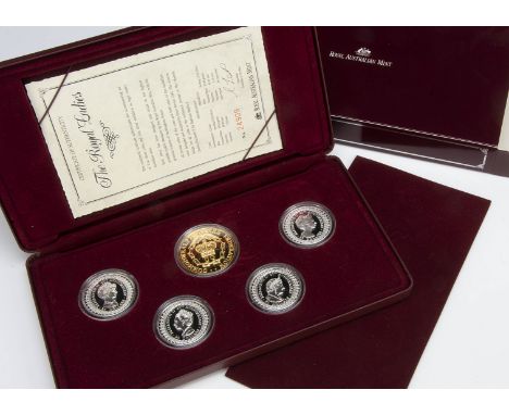 A set of five 1990s Australian Mint The Royal Ladies medallion and coin collection designed by Stuart Devlin, in maroon case,