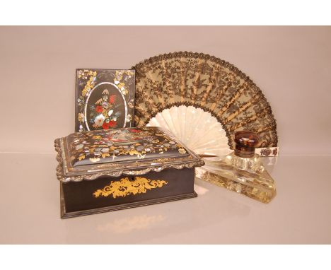 Four Victorian collectables, including a paper mache, painted and inlaid box, a similar notebook, a mother of pearl, silver a