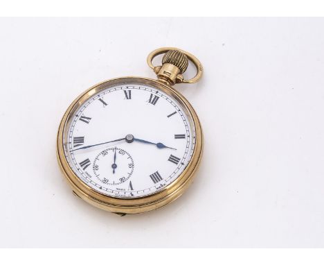 A George V 9ct gold open faced pocket watch, 49mm, 77.9g, white enamel dial with Roman numerals, appears to run but needs att