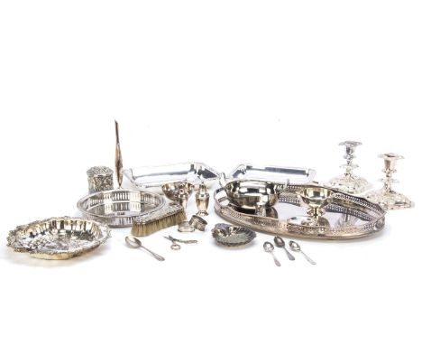 A small group of silver and plate, including a pair of silver sorbet footed bowls, a silver trainer spoon and small ladle, a 