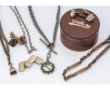 A collection of Gentleman's jewels, including cufflinks, gold fronted on silver, silver and base metal watch chains, a compas