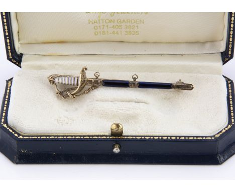 A silver and enamel naval dirk sweetheart brooch, with safety chain, 6.2cm long, 4.7g in later case