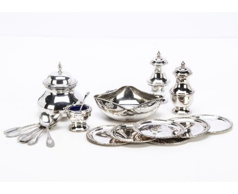 A small group of continental white metal items, including a set of six coffee spoons, a covered sugar basin and six small dis