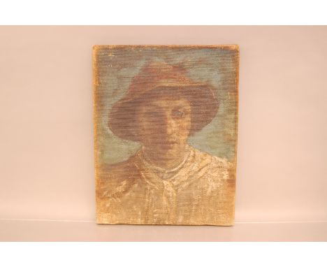 British School (19th/20th century), 46cm by 36cm, crude oil on canvas, Portrait of  person in Hat and Smock, unframed, bearin