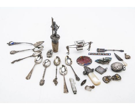 A good lot of mixed silver and other collectables, including a WMF silver plated skier on a cork, several spoons, a Tyrol bad