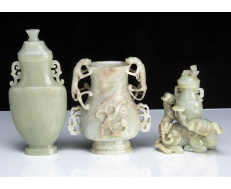 Three Chinese jadeite jade carved hardstone archaic style items, including a covered vessel, 22cm, a vase with mythical anima