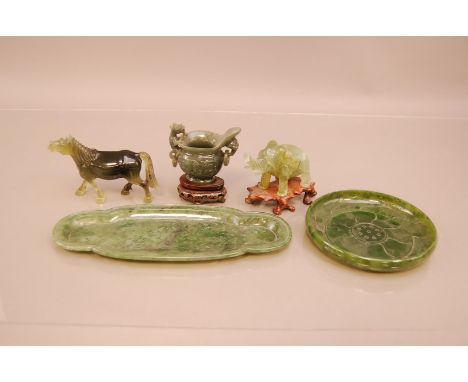 A collection of Five Chinese jadeite, nephrite and hardstone carved items, Cira late 19th early 20th century, including a spi