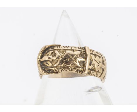 An 18ct gold buckle ring, having engraved exterior, ring size K, 6.2g