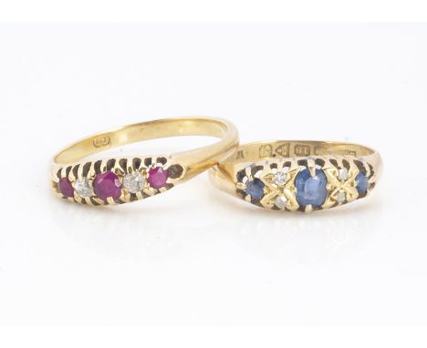 A ruby and diamond 18ct gold five stone dress ring, ring size S together with an early 20th Century sapphire and diamond dres