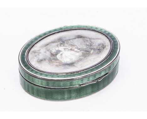 A pretty early 20th century silver and enamel oval box, 10cm wide, 8.4 oz., with painted scene of a couple dancing to the lid