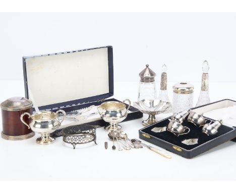A collection of silver and silver plate, including a silver footed bon  dish, a pair of silver mounted cut glass scent bottle