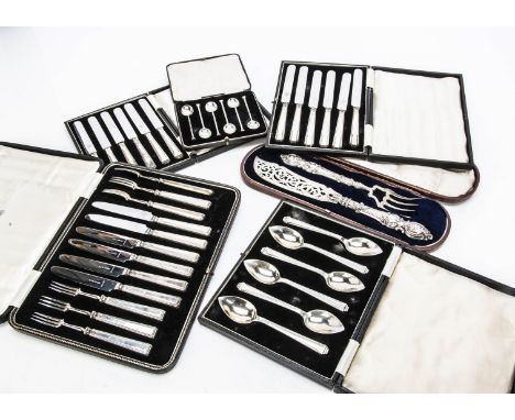 A group of cased Art Deco and later silver cutlery, including a set of six grapefruit spoons, a set of six coffee spoons, a s