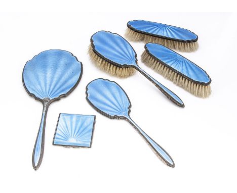 An Art Deco silver and enamel five piece dressing table set, AF
