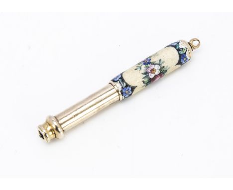A Victorian yellow metal and enamelled retractable fob pencil by S. Morden &amp; Co, 9.2g, some damage to the enamel, not fun