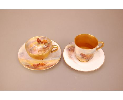 Two early 20th century Royal Worcester porcelain cabinet cups and saucers, differing shapes, both with highland cattle in lan