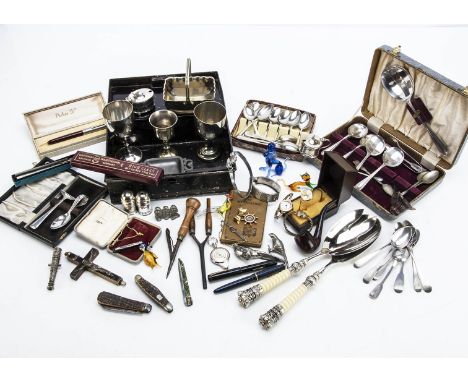 A collection of silver and silver plate and other items, including several silver Georgian and later teaspoons, a silver bang