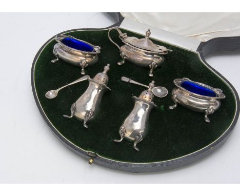 A George V silver five piece cruet set from Mappin &amp; Webb, in case