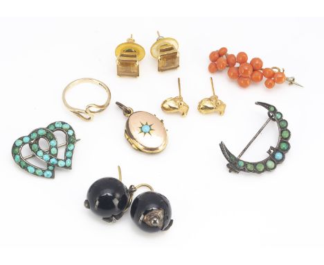 A collection of 19th Century and later gold and costume jewellery, including a white metal and turquoise bead interlocking he