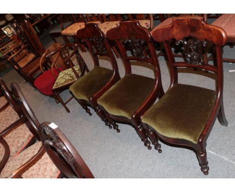 Three Victorian mahogany dining chairs on turned legs; together with a mahogany corner chair; an elm ladder back chair and tw