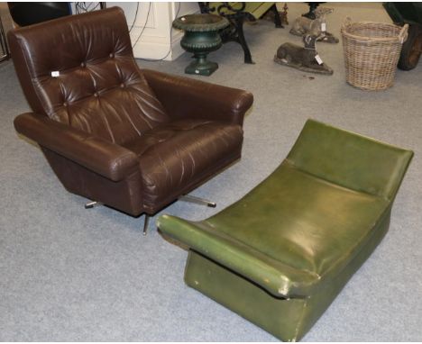 A mid-20th century Danish leather arm chair and a green leather Ercol stool 