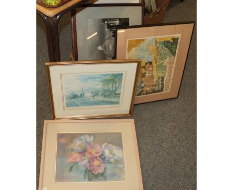 James Mcbey Sandwich, Figures couched before a barn, engraving together with a collection of decorative prints and watercolou