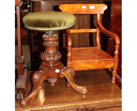 A childs' Victorian mahogany armchair, 54cm high; together with a Victorian piano stool upholstered in green velvet 
