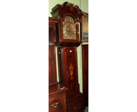 An oak and mahogany eight day longcase clock, 18th century and later, brass dial with a silvered disc in the arch inscribed N