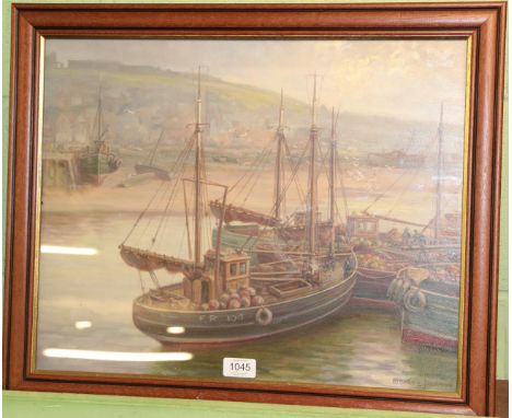 Albert Jackson, Scotch fishing boats, Whitby Harbour, signed, oil on board, 39cm by 49cm