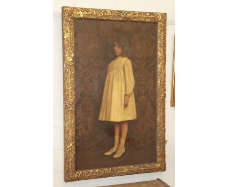 British School (19th/20th century) Full length portrait of a young girl in a white dress standing in a floral design wallpape