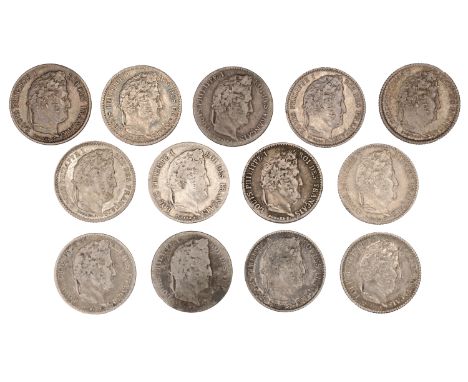 Louis Philippe, Quarter-Francs (8), 1839a, 1839w, 1840a, 1841w, 1843a, 1843b, 1844a, 1845w (Gad. 355); 25 Centimes (5), 1845b