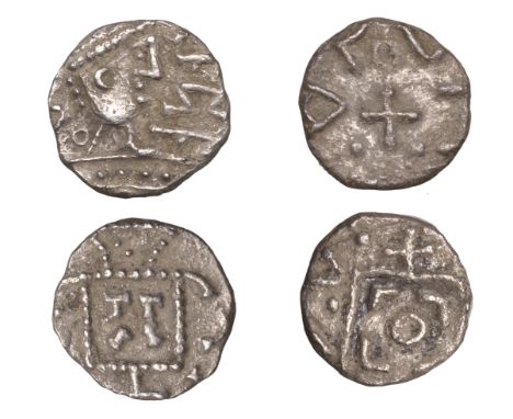 Early Anglo-Saxon, Sceatta, Secondary series R, radiate head with pyramidal neck right, runes before, rev. debased standard, 