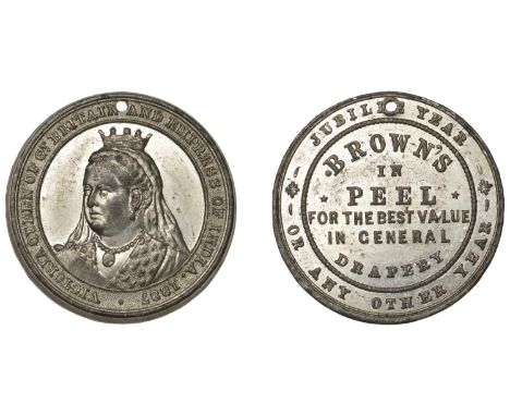 Victoria, Golden Jubilee, 1887, Isle of Man, Peel, Brown’s Drapery, a white metal medal, unsigned, crowned and veiled bust th