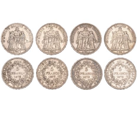 Third Republic, 5 Francs (4), 1875a, 1876a, 1877a, 1878k (Gad. 745a) [4]. Very fine, first two cleaned £60-£80  ---  Provenan