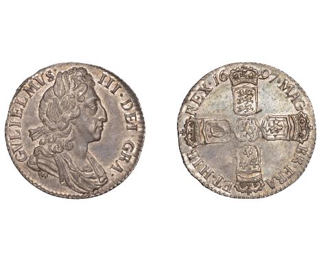 William III (1694-1702), Sixpence, 1697, third bust, large crowns, later harp (ESC 1233; S 3538). Extremely fine with attract