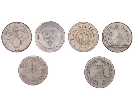 Engraved coins: Georgian Halfpence (6), viz. ‘Miss Ann Davidson’, rev. ‘P.W’.; ‘Thos. Dipple to Elizh. Wright October 7 1787,