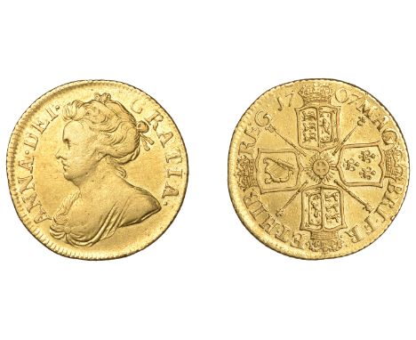 Anne (1702-1714), Half-Guinea, 1707, eight strings to harp, colon stops after fr, hib and reg (EGC –; S 3575). Some smoothing