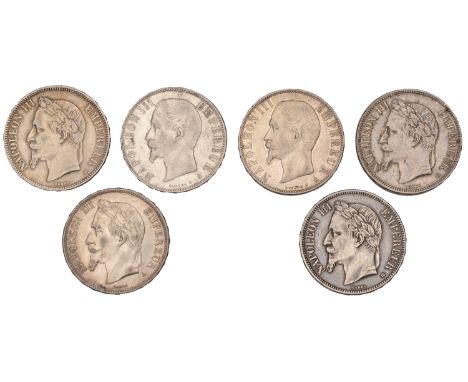 Napoleon III, 5 Francs (6), 1856a (2), 1868a, 1868bb (2), 1870a (Gad. 734, 739) [6]. Varied state £100-£150  ---  Provenance: