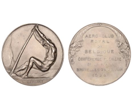 BELGIUM, Aero-Club Royal, L’Effort, 1928, a silver medal by J. Dupon for Fonson, nude male figure levers boulder, rev. legend