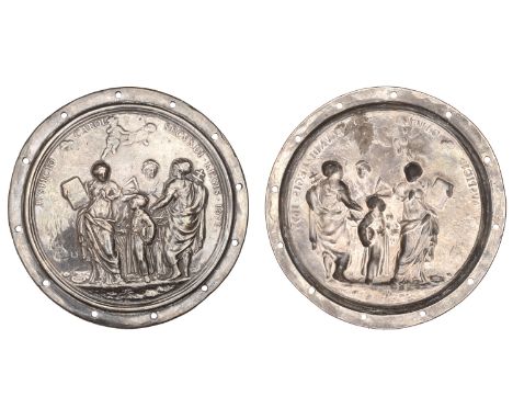 Christ’s Hospital, Nautical School, 1673, a uniface silver cloak badge by J. Roettiers, standing figures of Arithmetic, Geome