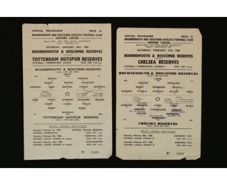 Football Programmes - 1957/8 Bournemouth res v Tottenham res, dated 25th January 1958 &amp; 1959/60 Bournemouth res v Chelsea