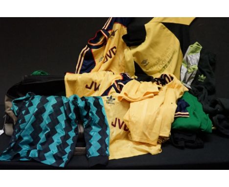 Collection of approx. 20 football shirts, to include child size replica 1989 Arsenal shirts etc, together with shorts, goalke